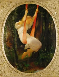 Jong meisje op een schommel (schilderij op hout)