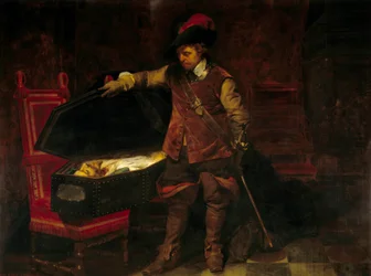 Cromwell voor de kist van Charles I Stuart (1649). Oliver Cromwell (1599-1658) dwong het proces van de koning van Engeland af, die werd veroordeeld en geëxecuteerd op 9 februari