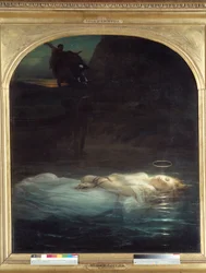De jonge martelaar Het lijk van een jonge christelijke martelaar met een aureool drijvend op een waterlichaam. Schilderij door Paul Delaroche (1797-1856) 1855 Sun. 1,7x1,48 m Parijs, Musee du Louvre.