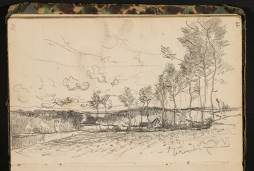 Landschap met bomen en een boerderij, bladzijde uit een schetsboek