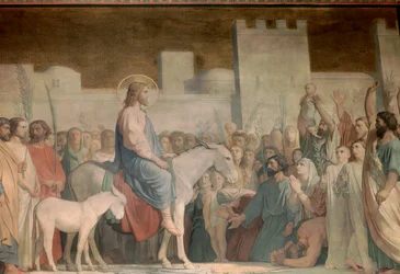 De intocht van Christus in Jeruzalem op Palmzondag: de inwoners begroeten hem verheugd door hun kleren op de grond te spreiden en met olijftakken te zwaaien. Detail van een fresco van Hippolyte Flandrin (1809-1864). 19e eeuw, kerk Saint-Germain-des-Prés