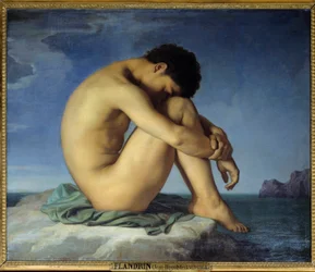 Jonge naakte man zittend aan de zee (introspectie).