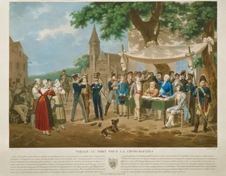 Gravure naar Lecomte: Dienstplichtigen loten (gravure)