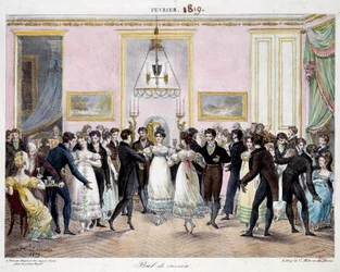 Societe bal in Parijs in de winkel van crayons Conte, place du palais royal in februari 1819