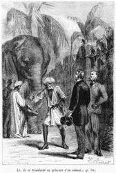 Phileas Fogg voor een olifant, illustratie uit 