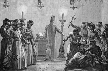 Rituele moord gepleegd door de Danites, volgens de beschuldigingen van de tegenstanders van de Mormonen, getekend door David en gegraveerd door A. Gusmand
