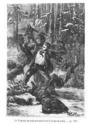 De Fransman kon er drie plat slaan met een klap, illustratie uit De reis om de wereld in tachtig dagen door Jules Verne, gegraveerd door Henri Theophile Hildibrand, 1873