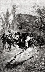De jonge Service rijdt op een struisvogel. Gravure