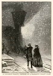 Een enorme schaduw, voorafgegaan door een flikkerende gele gloed, uit De reis om de wereld in tachtig dagen van Jules Verne (1828-1905), gegraveerd door Adolphe François Pannemaker (1822-1900), 1873