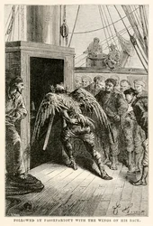Gevolgd door Passepartout met de vleugels op zijn rug, uit De Reis om de Wereld in Tachtig Dagen door Jules Verne (1828-1905), gegraveerd door Adolphe François Pannemaker (1822-1900), 1873