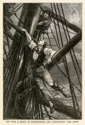 Hij hielp overal mee en verbaasde de bemanning, uit De Reis om de Wereld in Tachtig Dagen door Jules Verne (1828-1905) gegraveerd door Henri-Théophile Hildebrand (1824-97), 1873