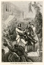 Als Fix de klap niet had ontvangen, uit De Reis om de Wereld in Tachtig Dagen door Jules Verne (1828-1905) gegraveerd door Henri-Théophile Hildebrand (1824-97), 1873