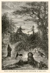 De nacht viel, en Passepartout keerde terug naar de stad, uit De Reis om de Wereld in Tachtig Dagen door Jules Verne (1828-1905), gegraveerd door Louis Prevost, 1873