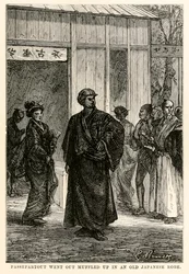 Passepartout ging naar buiten gehuld in een oude Japanse mantel, uit De Reis om de Wereld in Tachtig Dagen door Jules Verne (1828-1905), gegraveerd door Louis Prevost, 1873