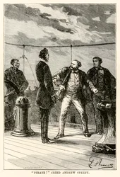 Piraat! riep Andrew Speedy., uit De Reis om de Wereld in Tachtig Dagen door Jules Verne (1828-1905) gegraveerd door Louis Dumont (b.1822) 1873