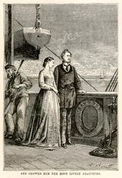 Ze toonde hem de levendigste dankbaarheid, uit De Reis om de Wereld in Tachtig Dagen door Jules Verne (1828-1905) gegraveerd door Henri-Théophile Hildebrand (1824-97), 1873