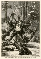 De Fransman had er drie met zijn vuisten bedwelmd, uit De Reis om de Wereld in Tachtig Dagen door Jules Verne (1828-1905) gegraveerd door Henri-Théophile Hildebrand (1824-97), 1873