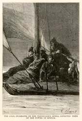 De kou, versterkt door de enorme snelheid, beroofde hen van de spraak, uit De Reis om de Wereld in Tachtig Dagen door Jules Verne (1828-1905) gegraveerd door Adolphe François Pannemaker (1822-1900)