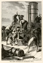 De bemanning toonde een ongelooflijke ijver, uit De Reis om de Wereld in Tachtig Dagen door Jules Verne (1828-1905) gegraveerd door Louis Dumont (b.1822), 1873