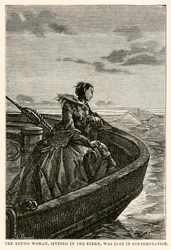 De jonge vrouw, zittend in de achtersteven, was verloren in contemplatie, uit De Reis om de Wereld in Tachtig Dagen door Jules Verne (1828-1905), gegraveerd door Jean Louis Prevost, (1790-1850), 1873