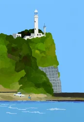 Vuurtoren, auto en vissen