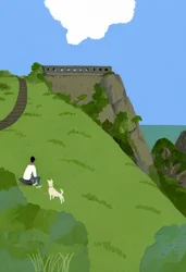 Rust met een hond op een grasheuvel