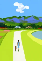 De Blauwe Bergen en de Vrouw die met de Hond Wandelt