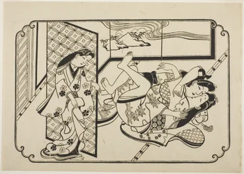 Een courtisane met haar klant, het eerste blad van een ongetiteld erotisch prentenboek