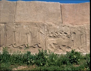 Zicht op de basis van reliëfs van de Poort van de Sfinx