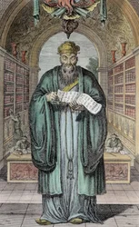 Kong-Fu-Tse, of Confucius, de beroemdste filosoof van China, gegraveerd door Henry Fletcher (fl.1729)