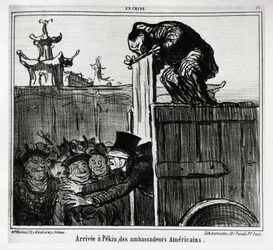 Aankomst in Peking van Amerikaanse ambassadeurs. In serie En Chine, illustratie door Honore Daumier (1808-1879), gepubliceerd in "Charivari", gedateerd 13 oktober 1859.