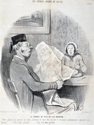 Kunstwerk door Honore Daumier (1808-1879). Charivari: Serie THE BEAUTY DAYS OF LIFE. Het steeds monsterlijker formaat 