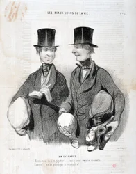 Kunstwerk door Honore Daumier (1808-1879). Charivari dateert uit 1845: Serie LES BEAUX DAYS DE LA VIE. In Carnaval -Laten we lachen en dansen! Ik zal teleurgesteld zijn zo slim! Beroemd! We kunnen je niet herkennen... MUSEUM VAN SCHONE KUNSTEN - PALEIS LON