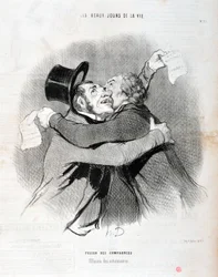 Kunstwerk door Honore Daumier (1808-1879). Charivari uit 1845: Serie LES BEAUX DAYS DE LA VIE. Fusie van bedrijven - Uitval van aandeelhouders. MUSEUM OF FINE ARTS - PALACE LONGCHAMP, MARSEILLE