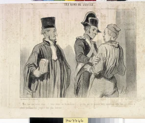 Kunstwerk door Honore Daumier (1808-1879). Charivari uit 1845: Serie LES PEANS DE JUSTICE. 