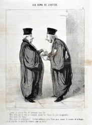 Kunstwerk door Honore Daumier (1808-1879). Charivari dateert uit 1845: Serie LES PEOPLES DE JUSTICE -Zoals ik je echt je feit vertelde! We waren mooi. We waren mooi!... het is echt alleen in het Paleis dat we de manier van argumenteren en praten erover ken