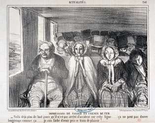 Werk van Honore Daumier (1808-1879) Charivari dateert uit 1855: Serie Actualites de voyage en railroad -Hier is al meer dan acht dagen geen ongeluk gebeurd op deze lijn... het kan niet lang zo blijven... Het spijt me dat ik deze trein heb genomen