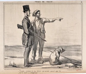 Kunstwerk door Honore Daumier (1808-1879) Charivari dateert uit 1857: Serie jachtschetsen Hou... ik zag een havik die daar vloog... - Is dat lang geleden?... MUSEUM VAN SCHONE KUNSTEN - PALEIS LONGCHAMP, MARSEILLE