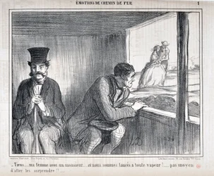 Kunstwerk door Honore Daumier (1808-1879) Charivari dateert uit 1858: Serie EMOTIES OP Spoorweg -Tiens... mijn vrouw met een heer... en we zijn op volle snelheid!... geen manier om ze te verrassen!!... MUSEUM VAN SCHONE KUNSTEN - PALEIS LONGCHAMP, MARSEILL