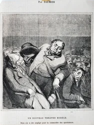 Kunstwerk door Honore Daumier (1808-1879). Charivari dateert uit 1864: Serie Schetsen Gemaakt in het Theater Een nieuw theatermodel. Niets is verwaarloosd voor het gemak van de toeschouwers MUSEE DES BEAUX ARTS - PALAIS LONGCHAMP, MARSEILLE