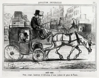 Augustus 1855, universele tentoonstelling: plan, doorsnede, hoogte en elevatie van een Parijse wagen (illustratie door Honore Daumier, gepubliceerd in Charivari, gedateerd 4 september)