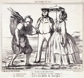 Cartoon over Parijse toeristen op vakantie. Serie "Ax Bains de Mer": "De garnalenvisserij..." Gravure door Honore DAUMIER (1808-1879). Uittreksel uit de krant "Le Charivari" op 5 september
