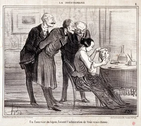 Spotprent over kunstverzamelaars. Serie Potichomania: Een nepvaas uit Japan bewondert drie Chinezen. Gravure door Honore Daumier. Uit de krant Le Charivari