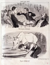 Cartoon over gastronomisch misbruik. Serie Parijs drinkt: "Drinken om je te vervelen. Echt dorstig." Gravure door Honore Daumier. Uit de krant "Le Charivari" 16 juni 1852