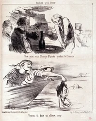 Cartoon over gastronomisch misbruik. Serie "Paris qui boire": "zicht genomen op de Champs Elysees tijdens de hittegolf. Net een verschrikkelijke klap gedronken." Gravure door Honore DAUMIER (1808-1879). Uittreksel uit de krant "Le Charivari" op 5 juni