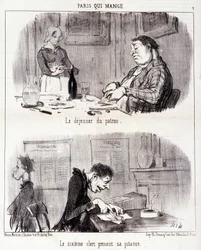 Spotprent over gastronomisch misbruik. Serie Paris qui mange: Het ontbijt van de baas. De zesde klerk neemt zijn maaltijd. Gravure door Honore Daumier. Uit de krant Le Charivari op 26 juni