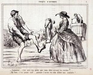 Spotprent over druivenplukkers die op blote voeten druiven vertrappen. Serie Autumn Sketch: Hoe... ga je de druiven met je voeten persen? Gravure door Honore Daumier. Uit de krant Le Charivari