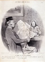 Cartoon over de pers. Serie "The Beautiful Days of Life": "Het steeds monsterlijker formaat..." Gravure door Honore DAUMIER (1808-1879). Uittreksel uit de krant "Le Charivari" op 18 oktober