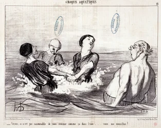 Cartoon over toeristen op vakantie aan zee. Serie "Les Bains de Mer": "Aquatische schets. Laten we zien, het is niet redelijk om je zo in het water te roeren... je maakt me nat!" Gravure door Honore Daumier. Uit de krant "Le Charivari"