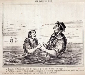 Cartoon over toeristen op vakantie. Serie "aux Bains de Mer": "Monsieur le bathneur... is het waar dat er haaien zijn in Dieppe?..." Gravure door Honore Daumier. Uit de krant "Le Charivari" 8 juni